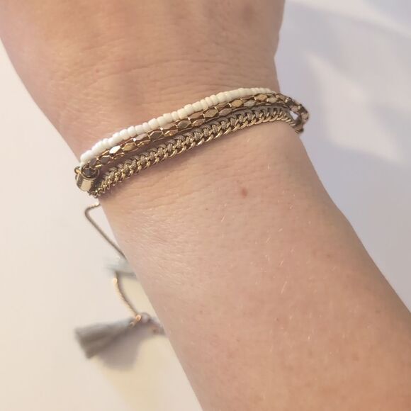 782 Double Gold Chain White Beaded‎ Adjustable Slider Bracelet with Gray Tassels - Picture 1 of 4